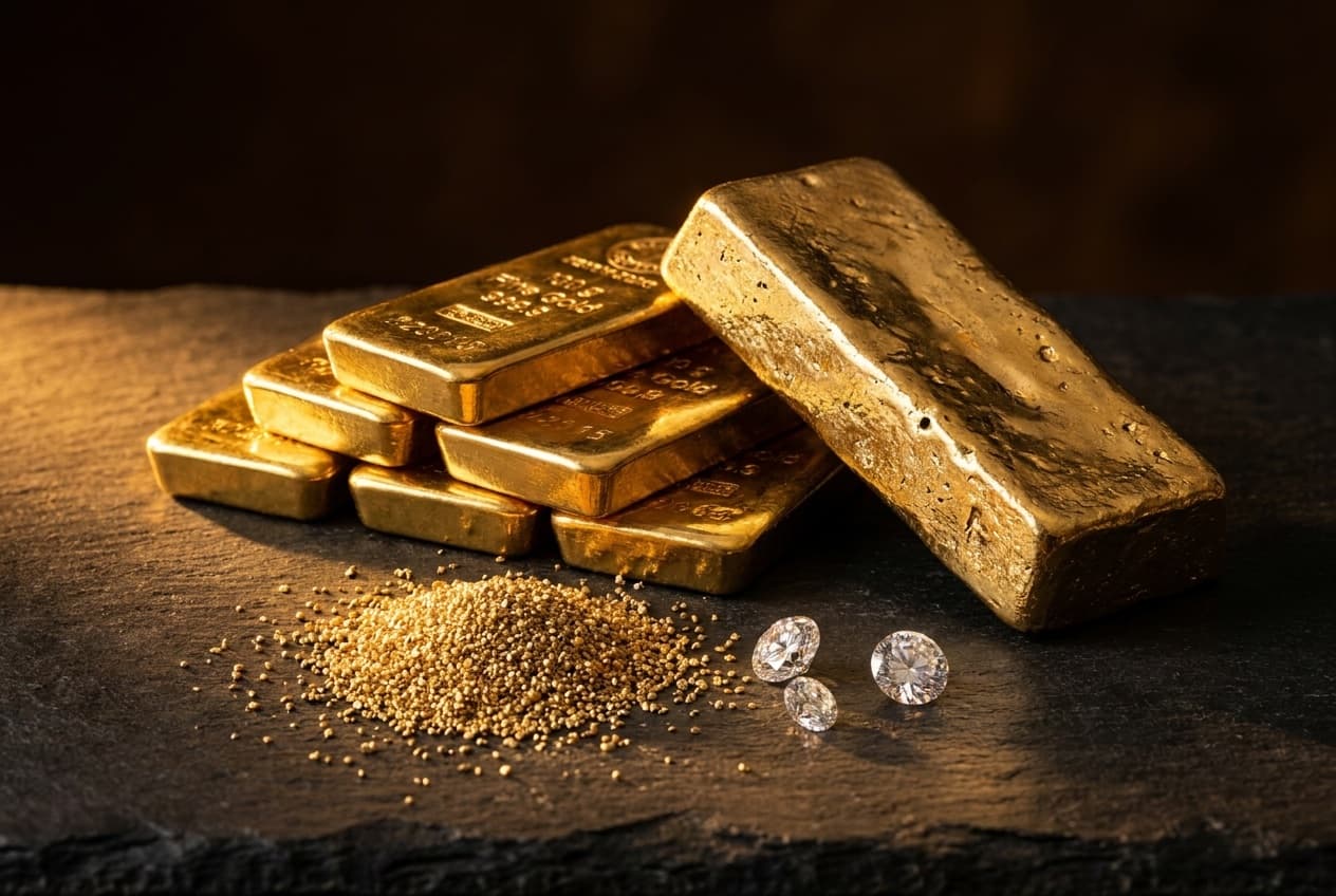 سبائك ذهب وسبيكة دوريه وحبيبات ذهب وألماس على حجر أردوازي داكن