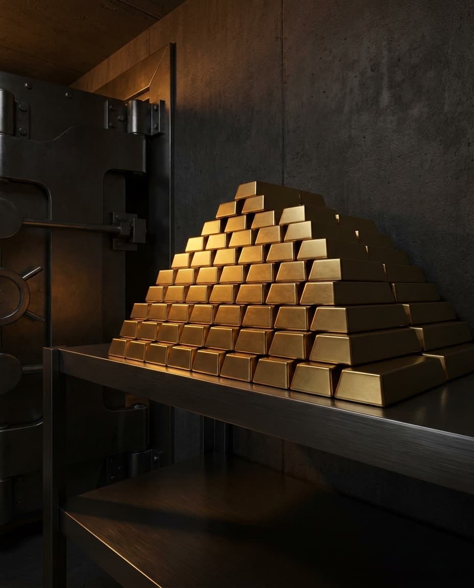 Refined gold kilobars stacked inside an allocated vault